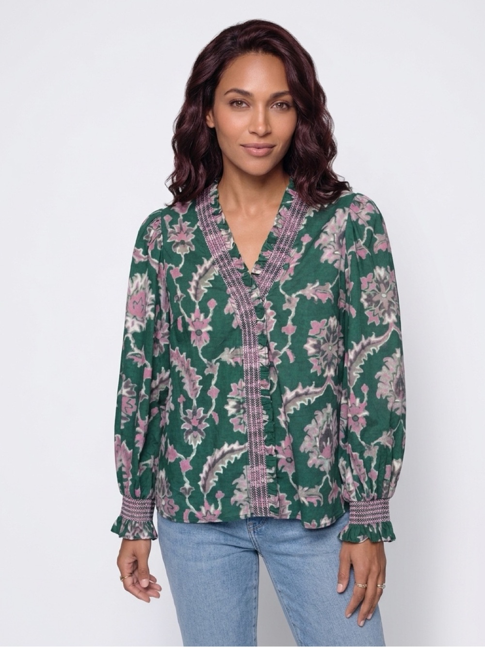 Entro Green Floral V-Neck Blouse with Pink Trim